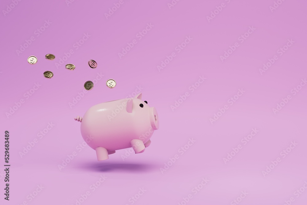 money storage concept. piggy bank into which dollars coins are pouring. copy paste, copy space. 3d render