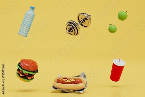choice between fast food and sports. space for text between food and sports equipment. 3d render