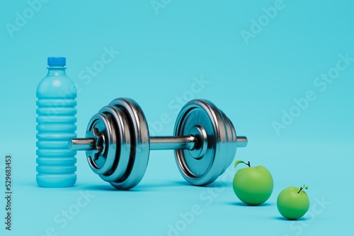 healthy lifestyle concept. shaker for water and protein shakes, apples and bar. 3d render