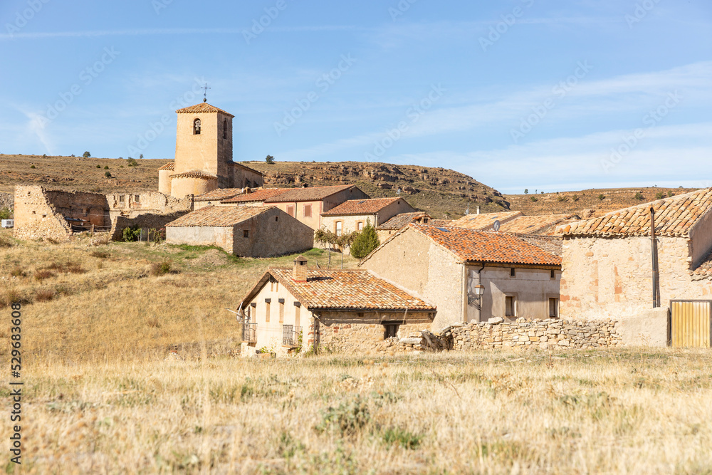 a view of Caracena village and the Saint Peter Church, Tierras del Burgo, province of Soria, Castile and León, Spain