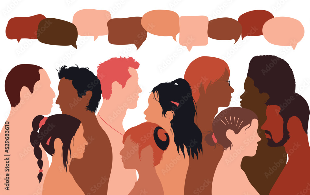 People talking in a crowd. Vector cartoon character profiles. Speech bubbles and communication between people. A diverse group of people in dialogue. People talking in a crowd. Vector cartoon character profiles. Speech bubbles and communication between people. A diverse group of people in dialogue.