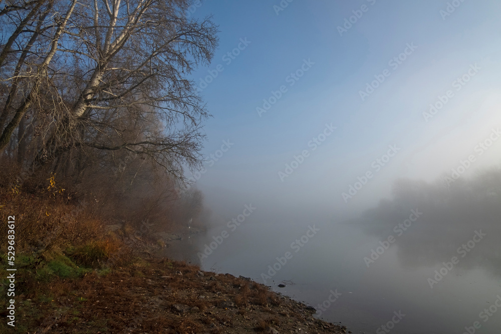 Autumn foggy morning by the river
