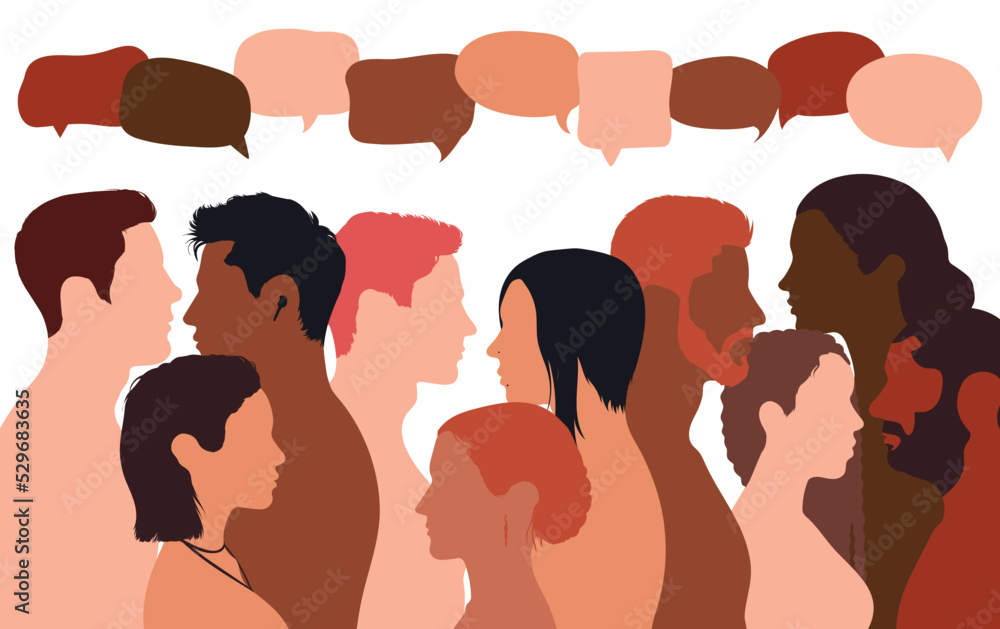 People talking in a crowd. Vector cartoon character profiles. Speech bubbles and communication between people. A diverse group of people in dialogue. People talking in a crowd. Vector cartoon character profiles. Speech bubbles and communication between people. A diverse group of people in dialogue.