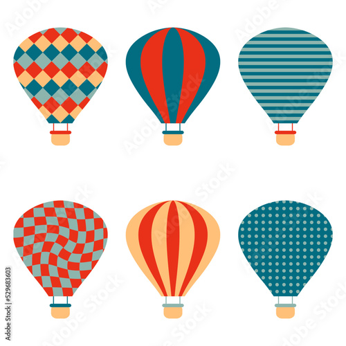 Hot air balloons clipart collection  in simple retro style. Perfect for posters, greeting cards, T-shirt, stickers and print. Isolated vector illustration for decor and design.