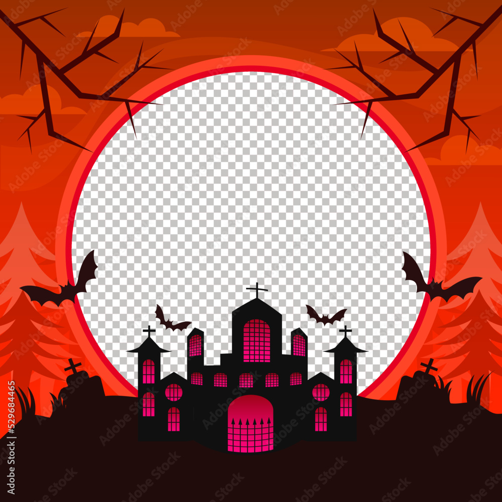 Haunted house graveyard in spooky forest theme Halloween frame for social media template, Vector