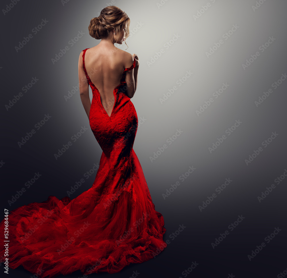 Woman Sexy Back Undressing Red Dress Model In Evening Gown Rear Side 