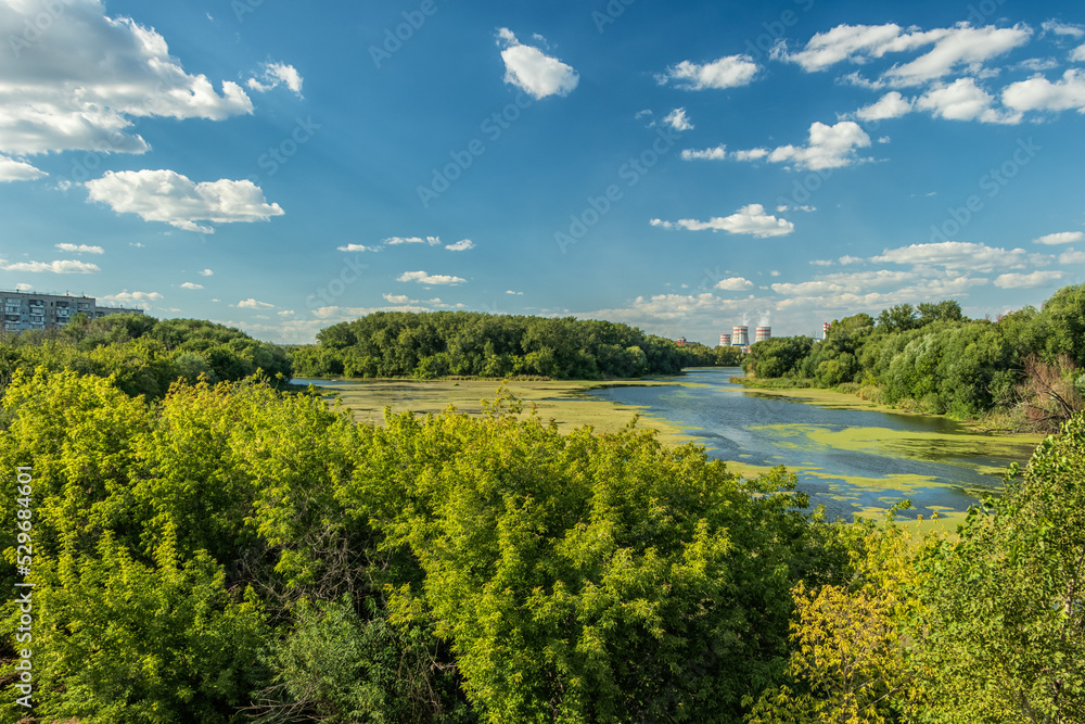 Obraz premium Picturesque view from the bridge to the river Miass.