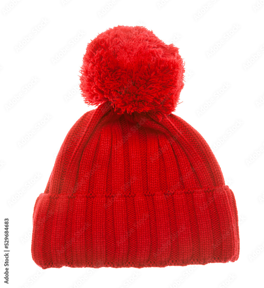 Red knitted winter bobble hat of traditional design isolated on white background. Handmade woolly cap with pompom on top - obrazy, fototapety, plakaty 