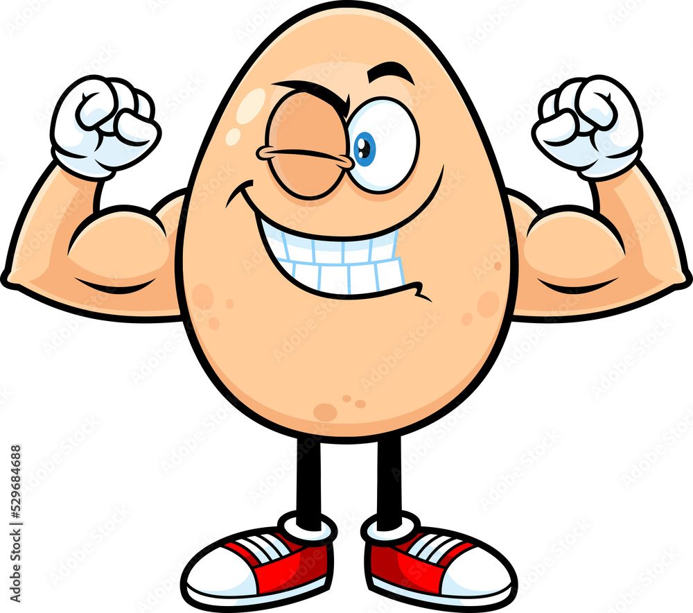 Strong Egg Cartoon Character Winking And Showing Muscle Arms. Hand