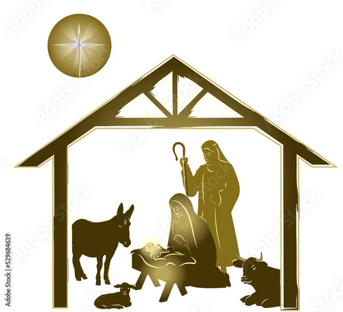 Fotografie Nativity scene gold colour, with Jesus, Mary, Joseph and animals in a manger