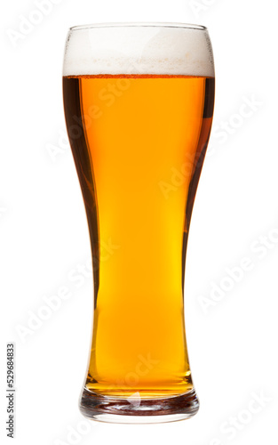 Full pilsner glass of pale lager beer with a head of foam isolated on white background