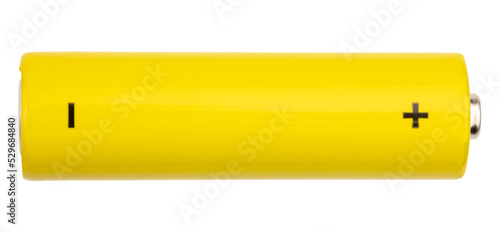 Top view of yellow AA alkaline battery (Mignon) or NiMH rechargeable cell isolated on white background