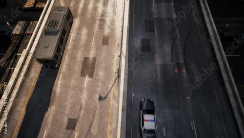 Vertical shot hyper zoom, Camera arrives from sky to the downtown freeways. 3d animation