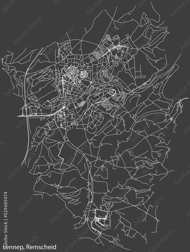 Detailed negative navigation white lines urban street roads map of the  LENNEP QUARTER of the German regional capital city of Remscheid, Germany on dark gray background