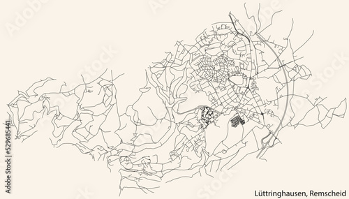 Detailed navigation black lines urban street roads map of the LÜTTRINGHAUSEN QUARTER of the German regional capital city of Remscheid, Germany on vintage beige background