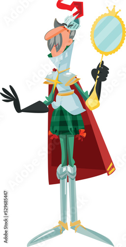 2D illustration. Royal Minister. Courtier. Knight armour. Knight. Red cloak. Helmet on the head. Mustache. Signets.
