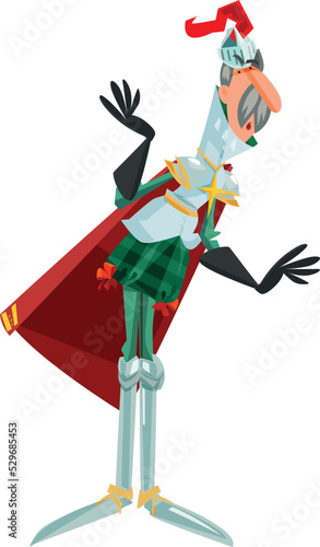 2D illustration. Royal Minister. Courtier. Knight armour. Knight. Red cloak. Helmet on the head. Mustache. Signets.