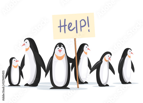 Group of penguin need help stand with sign calling for rescue nothern animal white background. Depressed emotional sea bird in danger due to melting glaciers in habitat. Extermination of wild animals