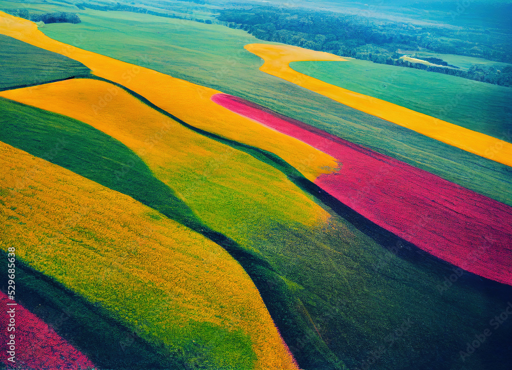 Obraz premium 3d illustration representing a field with beautiful colors green yellow and pink, aerial image