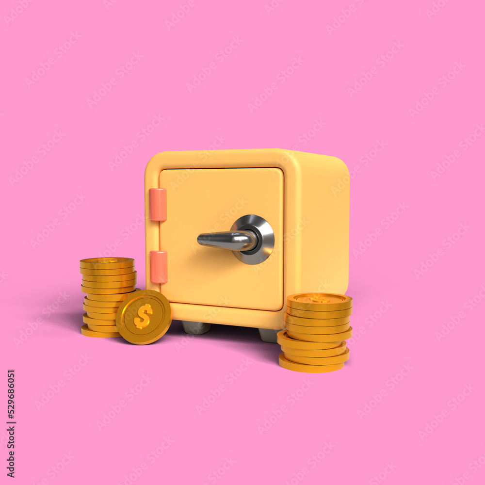 Yellow Safe box with gold coins stack font view on pink background. 3d render illustration Yellow Safe box with gold coins stack font view on pink background. 3d render illustration