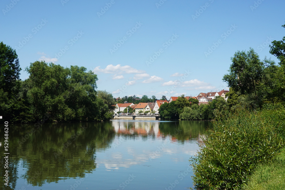 The view of the Neckar river embankment in Nuertingen, Germany	