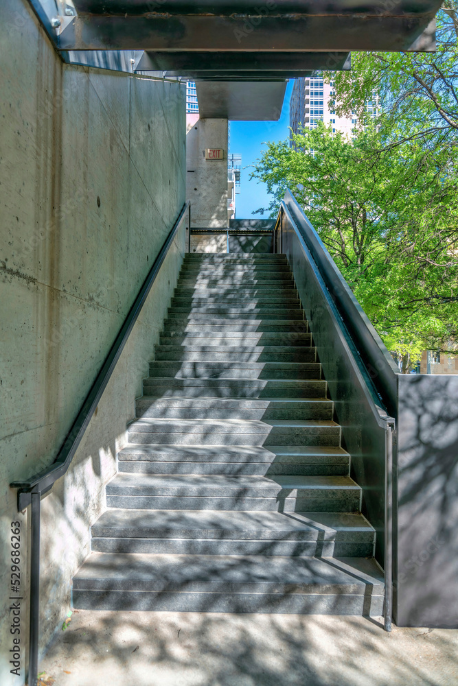 View from the bottom of the staircase leading up to a building in Austin Texas View from the bottom of the staircase leading up to a building in Austin Texas