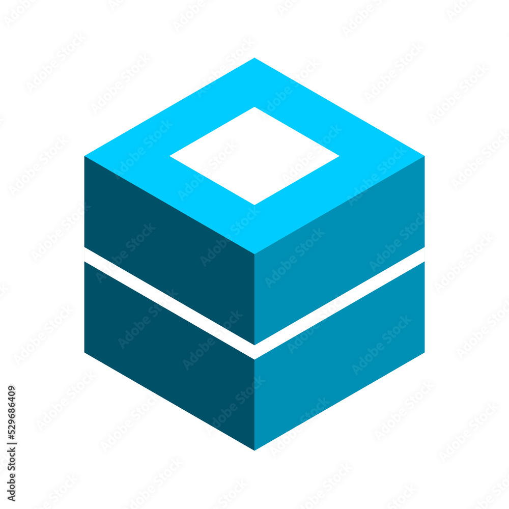 3D cube shape with two halves. Isometric hexagon object. Packaging box concept. Blue block element with two parts and white rectangle at the top. Smart delivery concept. Vector illustration, clip art 3D cube shape with two halves. Isometric hexagon object. Packaging box concept. Blue block element with two parts and white rectangle at the top. Smart delivery concept. Vector illustration, clip art