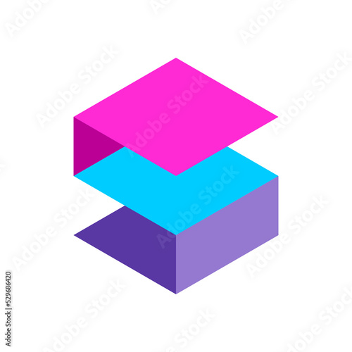 Colorful geometric letter S logo template. Hexagonal rectangle isometric projection. Square shapes make an alphabet symbol in different levels. Creative solution idea. Vector illustration, clip art. 