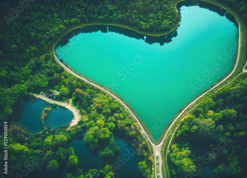 Large heart shaped lake seen from the sky in a romantic forest landscape with beautiful colors 