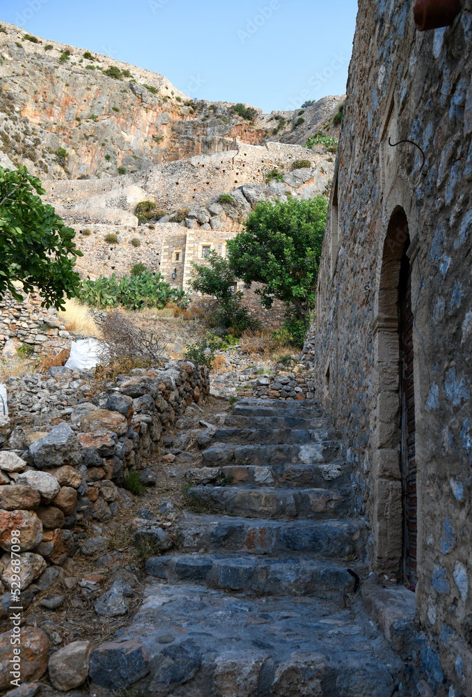 Steps leading to Upper town in Monemvasia, Greece