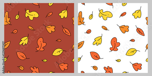 Cute autumn patterns with cartoon leaves. Light and dark seamless background with autumn leaves in warm tones in outline style. Design for sketchbook covers, notebooks and gift wrappers