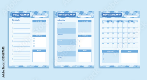 Set of minimalistic daily, weekly, and monthly planner templated with blank pages