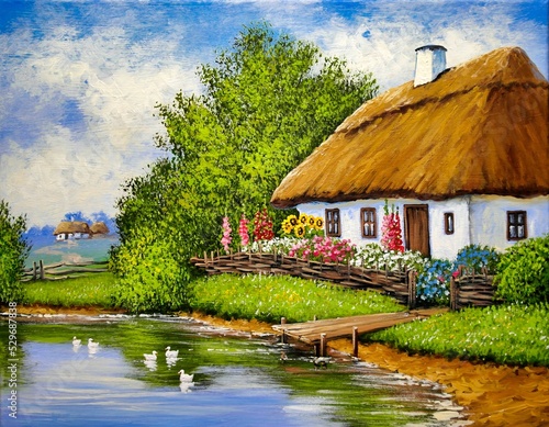 Old hut in the village of the country, Ukraine. Oil paintings rural landscape? fine art, artwork