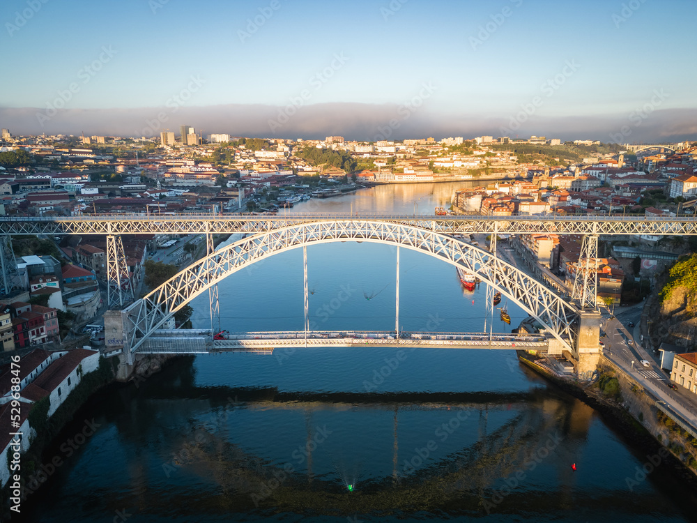 Aerial photography of Porto, Ribeira and Douro River at sunrise