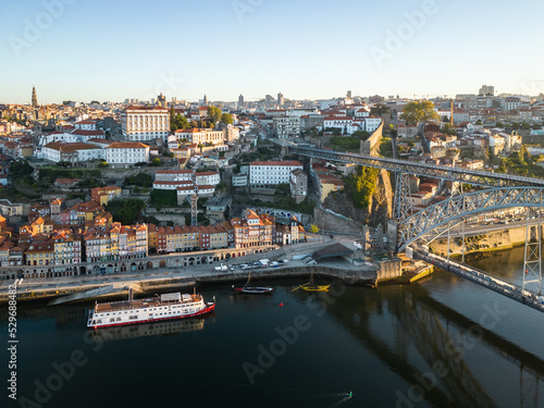 Aerial photography of Porto  Ribeira and Douro River at sunrise