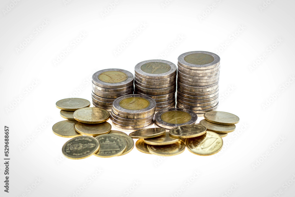 Thai baht coin saving on whith background, money and banking saving. Thai baht coin saving on whith background, money and banking saving.