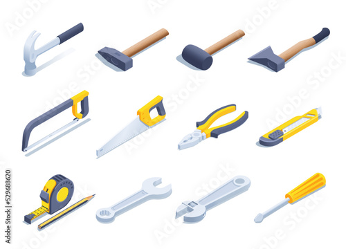 isometric vector illustration isolated on white background, hand tools icon set for builder or carpenter, quipment and gear shop photo