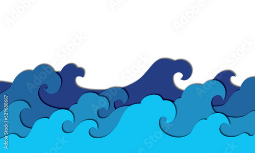 Blue sea wave paper cut seamless wallpaper, vector background.