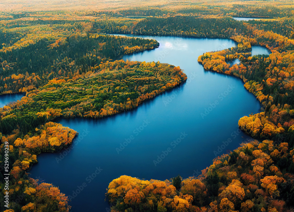 Landscape of forest and lake in autumn seen from the sky
