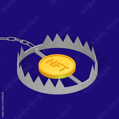 NFT gold coin in a bear trap. Non fungible token. NFT in a trap, a mousetrap. Risks of investing in NFTs. NFT scam. Vector illustration.