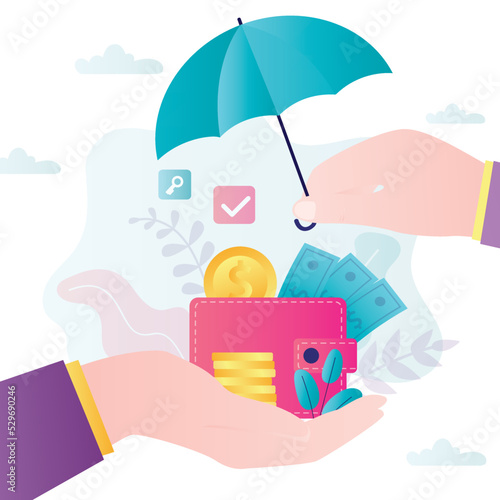 Bank protects client money capital from disasters. Hand holds umbrella over wallet