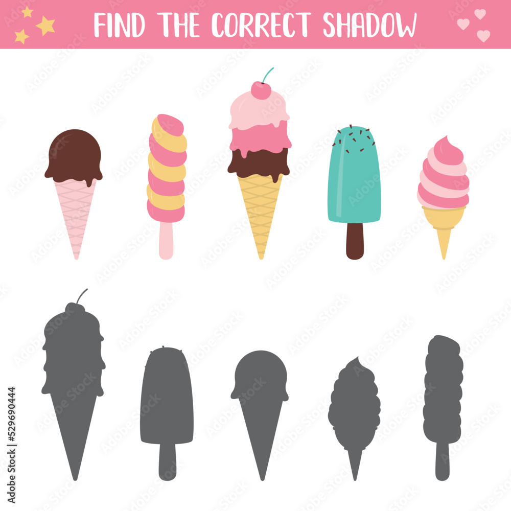 Educational shadow matching game with ice cream, quiz for children. Sweet food in flat style. Logic game for kids. Worksheet template. Find the correct shadow. Educational shadow matching game with ice cream, quiz for children. Sweet food in flat style. Logic game for kids. Worksheet template. Find the correct shadow.