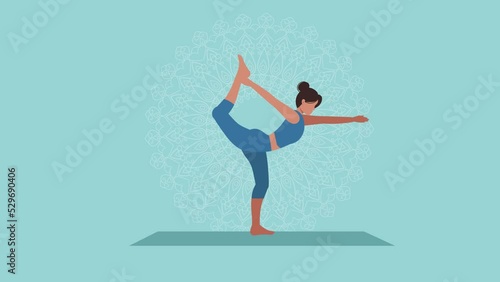 A woman in sportswear performs a standing asana. Animation of yoga asana.
