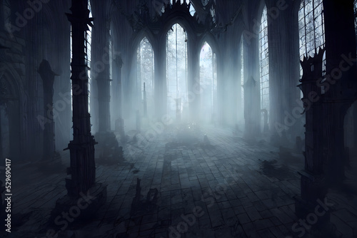 Valokuvatapetti dark gothic abandoned ancient chapel hall interior with tall windows and columns, foggy and empty, neural network generated art