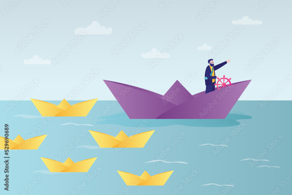 Businessman sails on paper boat on ocean. Leader leads flotilla of business team to goal