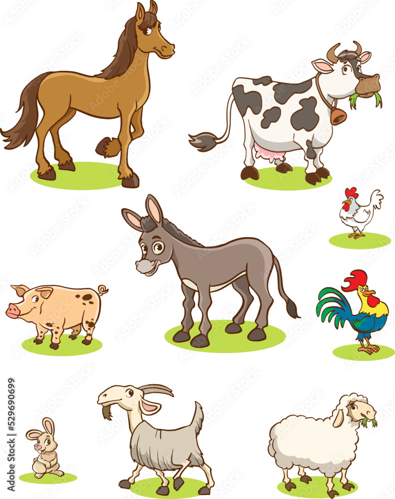 Farm cartoon animals group. Vector illustration of funny happy animals.