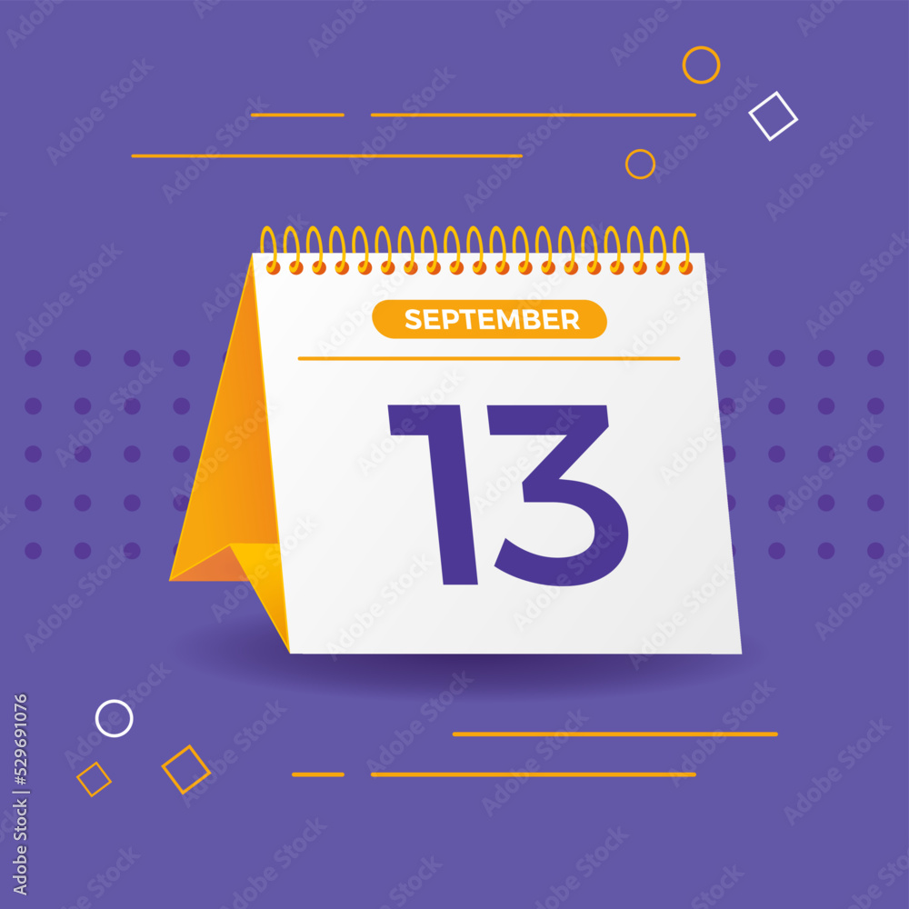 White and yellow calendar on lilac background. 13th of september. Vector. 3D illustration. White and yellow calendar on lilac background. 13th of september. Vector. 3D illustration.