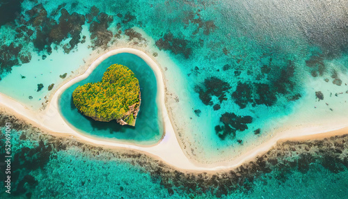 Heart shaped island seen from the air in a romantic paradise landscape, turquoise water and white sand, beach and love vacation 