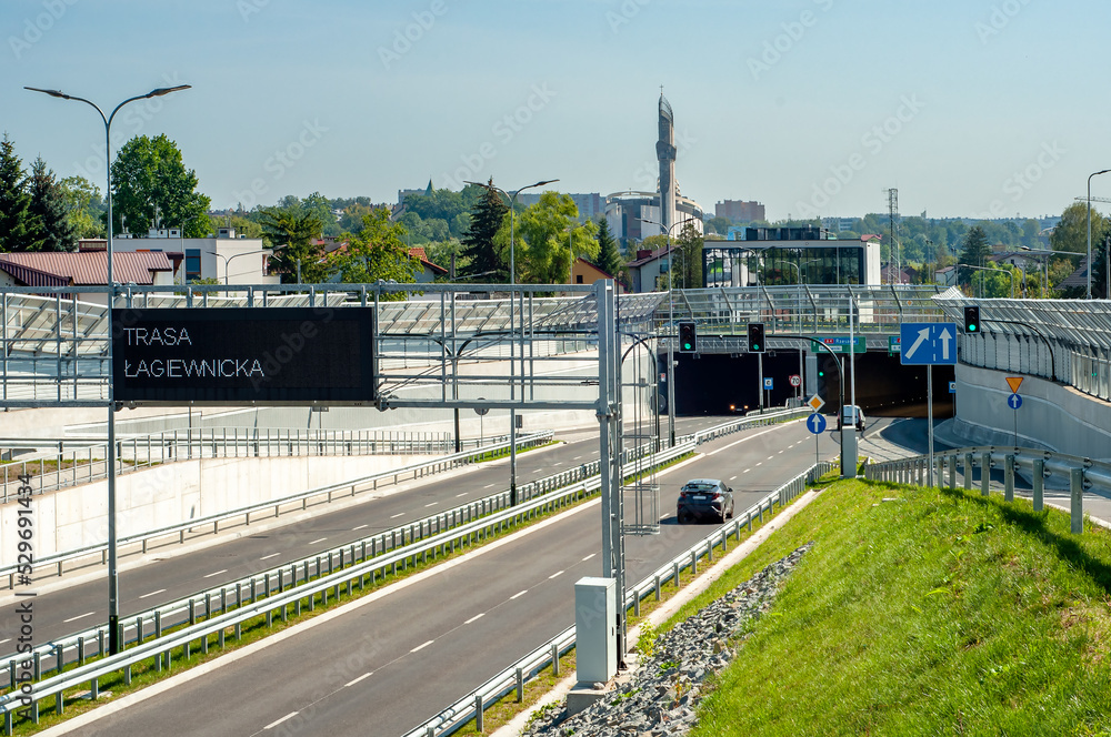 New city highway in Krakow, Poland, called Trasa Łagiewnicka with tunnels, multilevel junctions and slip roads
