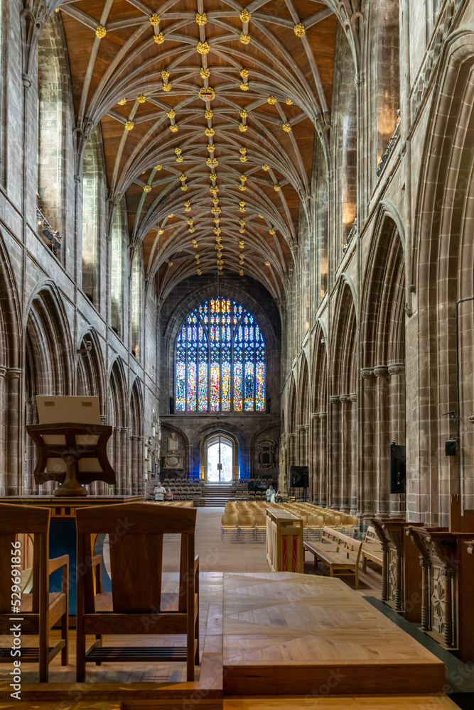 view of the altar and central nave of the historic Chester Cathedral